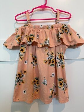 Girls Peach Floral Off-Shoulder Ruffle Top